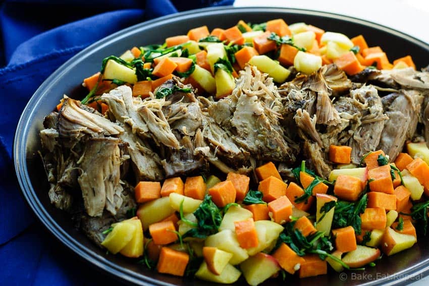 Slow Cooker Pork Roast - An easy slow cooker pork roast with maple roasted sweet potatoes, apples and spinach. The perfect fall meal!