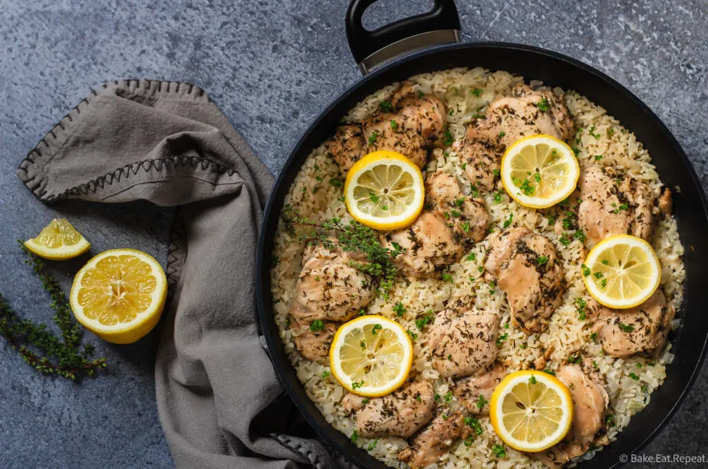 easy one pan chicken and rice with lemon and thyme