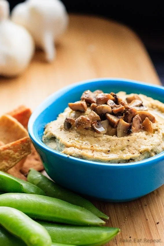 Roasted Garlic and Mushroom Hummus - Easy to make and perfect for a snack, this roasted garlic and mushroom hummus is an amazing flavourful dip!