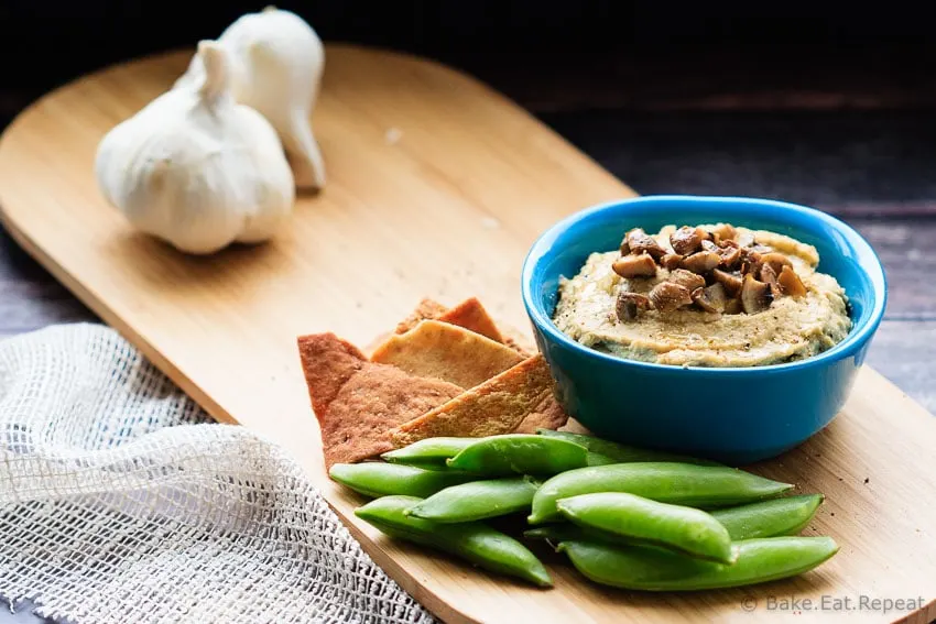 Roasted Garlic and Mushroom Hummus - Easy to make and perfect for a snack, this roasted garlic and mushroom hummus is an amazing flavourful dip!