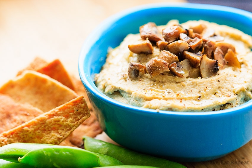 Roasted Garlic and Mushroom Hummus - Easy to make and perfect for a snack, this roasted garlic and mushroom hummus is an amazing flavourful dip!