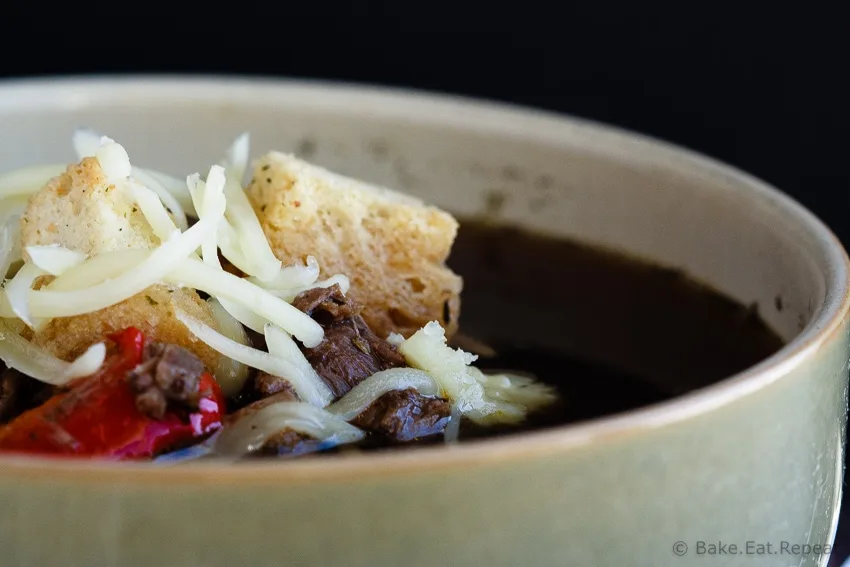 Philly Cheese Steak Soup Served in a Bread Bowl - Easy 30 Minute Meal