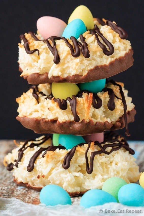 Bird's Nest Coconut Macaroons - Quick and easy coconut macaroons that can be shaped into cute little bird's nests cookies for a fun Easter treat that the kids will love!