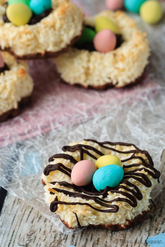 Bird's Nest Coconut Macaroons - Quick and easy coconut macaroons that can be shaped into cute little bird's nests cookies for a fun Easter treat that the kids will love!