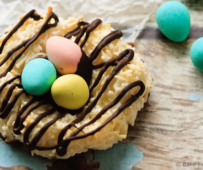 Bird's Nest Coconut Macaroons - Quick and easy coconut macaroons that can be shaped into cute little bird's nests cookies for a fun Easter treat that the kids will love!