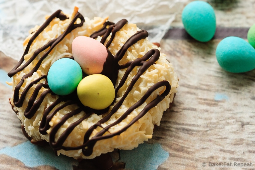 Bird's Nest Coconut Macaroons - Quick and easy coconut macaroons that can be shaped into cute little bird's nests cookies for a fun Easter treat that the kids will love!