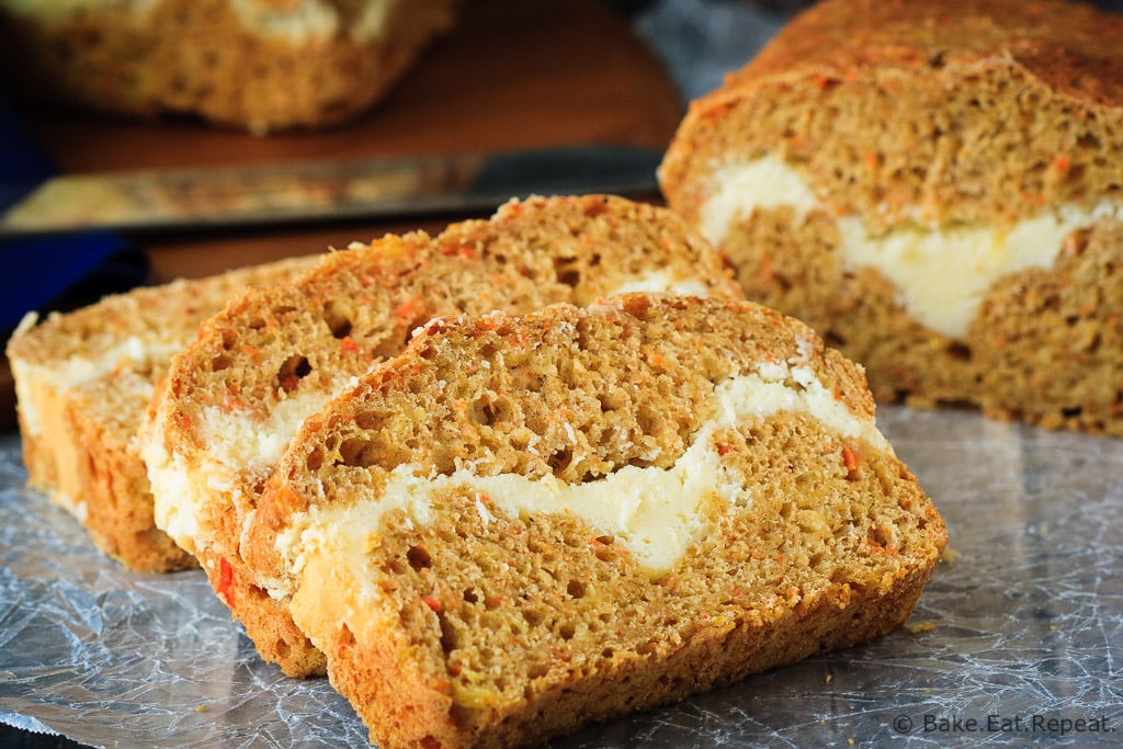 Cream Cheese Filled Carrot Bread - A healthier carrot bread filled with a cream cheese ribbon - healthy enough for breakfast but enough like carrot cake to feel like a treat!