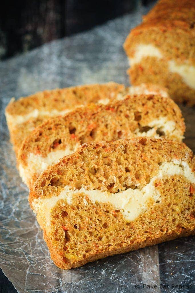 Cream Cheese Filled Carrot Bread - A healthier carrot bread filled with a cream cheese ribbon - healthy enough for breakfast but enough like carrot cake to feel like a treat!