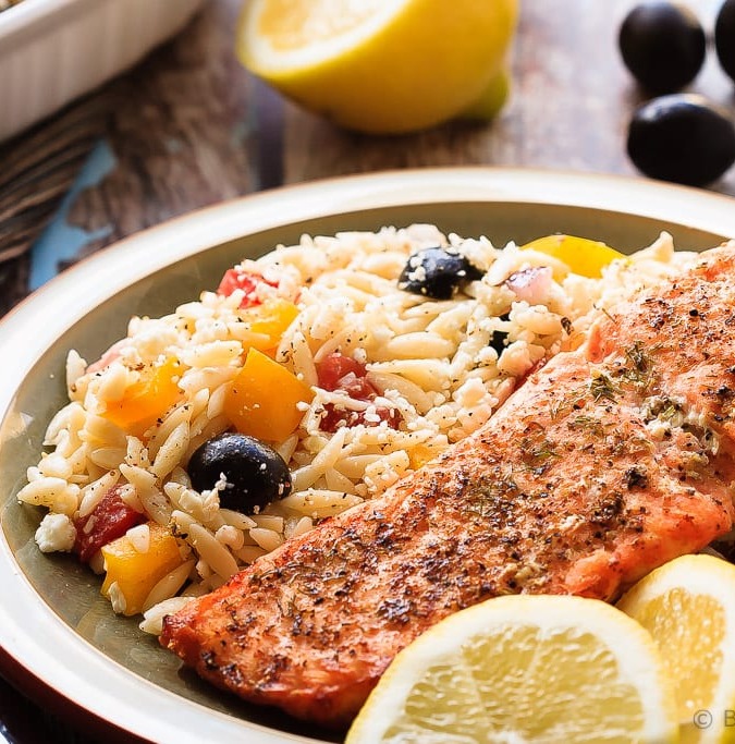 Crispy Salmon with Greek Orzo - Quick and easy Crispy Salmon with Greek Orzo for 30 Minute Thursday - this meal is on the table in 20 minutes and the whole family will love it!