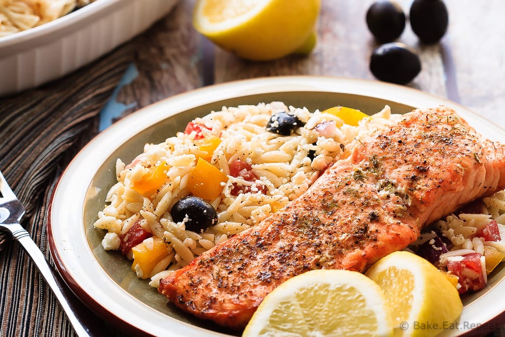 Crispy Salmon with Greek Orzo - Quick and easy Crispy Salmon with Greek Orzo for 30 Minute Thursday - this meal is on the table in 20 minutes and the whole family will love it!