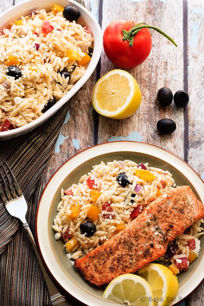 Crispy Salmon with Greek Orzo - Quick and easy Crispy Salmon with Greek Orzo for 30 Minute Thursday - this meal is on the table in 20 minutes and the whole family will love it!