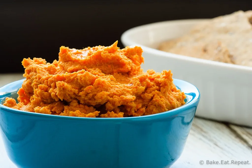 Roasted Vegetable Hummus - Roasted vegetable hummus filled with carrots, sweet potatoes, shallots and garlic – quick and easy to make and it makes a perfect healthy snack!