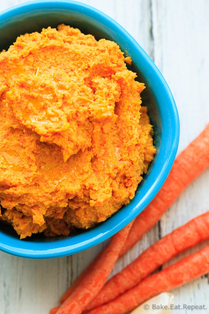 Roasted Vegetable Hummus - Roasted vegetable hummus filled with carrots, sweet potatoes, shallots and garlic – quick and easy to make and it makes a perfect healthy snack!