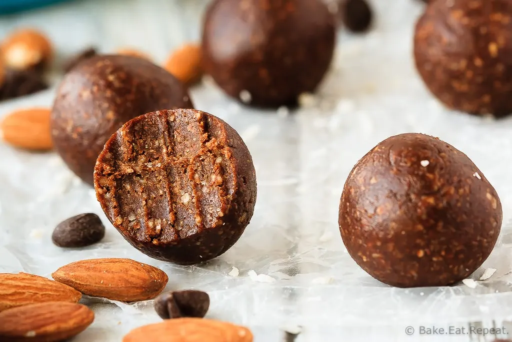 Almond Joy Energy Balls - Quick and easy almond joy energy balls that mix up in minutes and are a healthy, tasty snack full of coconut, almonds and chocolate!
