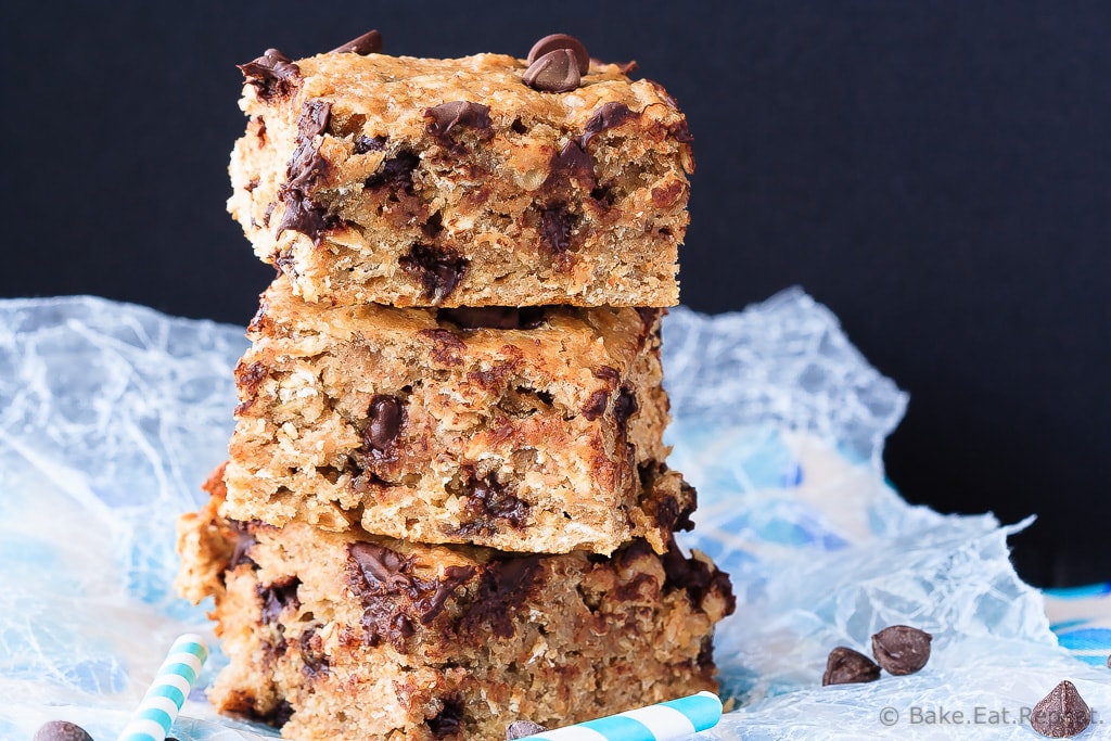 Peanut Butter Banana Oatmeal Bars - Quick and easy to make, these banana peanut butter oatmeal bars mix up in minutes and are healthy enough for an on-the-go breakfast or snack!