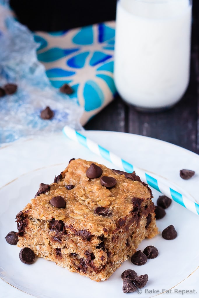 Peanut Butter Banana Oatmeal Bars - Quick and easy to make, these banana peanut butter oatmeal bars mix up in minutes and are healthy enough for an on-the-go breakfast or snack!