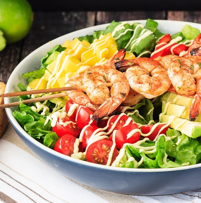 Cilantro Lime Grilled Shrimp Salad - A fantastic 30 minute meal for the summer - cilantro lime grilled shrimp salad with a creamy avocado dressing. Perfect for those summer nights.