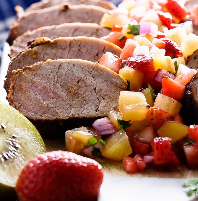 Grilled Pork Tenderloin with Strawberry Kiwi Salsa - Cinnamon chili grilled pork tenderloin with a strawberry kiwi salsa - fast and easy to make and absolutely perfect for your summer BBQ!