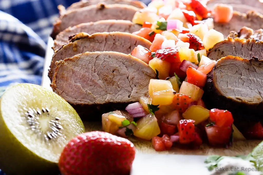 Grilled Pork Tenderloin with Strawberry Kiwi Salsa - Cinnamon chili grilled pork tenderloin with a strawberry kiwi salsa - fast and easy to make and absolutely perfect for your summer BBQ!