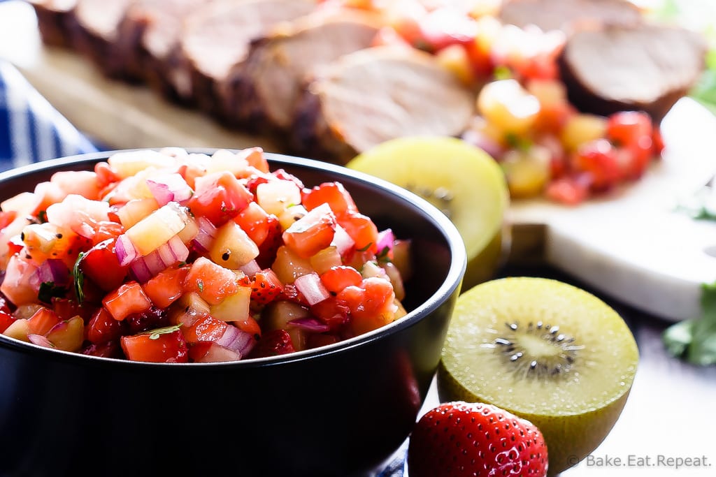 Grilled Pork Tenderloin with Strawberry Kiwi Salsa - Cinnamon chili grilled pork tenderloin with a strawberry kiwi salsa - fast and easy to make and absolutely perfect for your summer BBQ!