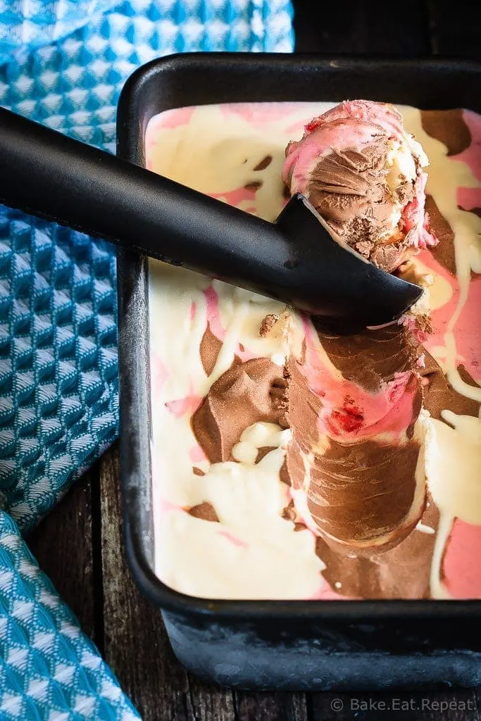 No Churn Neapolitan Ice Cream - Easy, no churn Neapolitan ice cream - made with sweetened condensed milk, this mix of vanilla, chocolate and strawberry ice cream is perfectly creamy! #sponsored