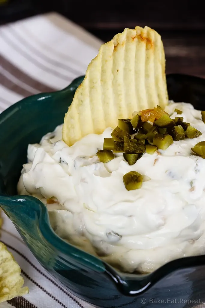 Gherkin and Caramelized Onion Dip - This gherkin and caramelized onion dip makes the perfect appetizer or snack - easy to make and so tasty, you'll never want to buy chip dip again!
