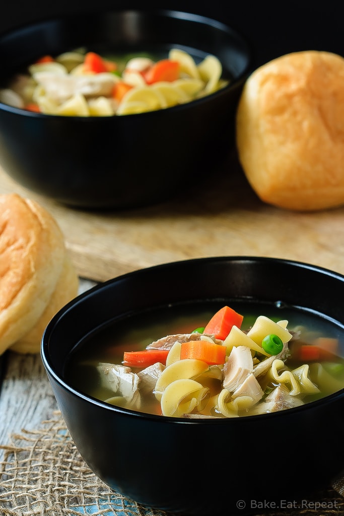 30 Minute Chicken Noodle Soup - This 30 minute chicken noodle soup is perfect with either chicken or turkey, is super fast and easy to make, and will be a family favourite for sure!