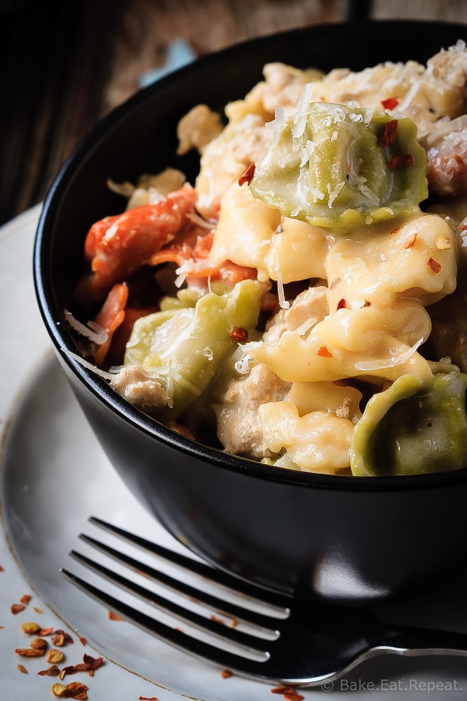 One Pot Turkey Mushroom Tortellini - Tender cheese tortellini in a creamy white sauce, this one pot turkey mushroom tortellini is a family favourite - plus it's ready in 30 minutes!