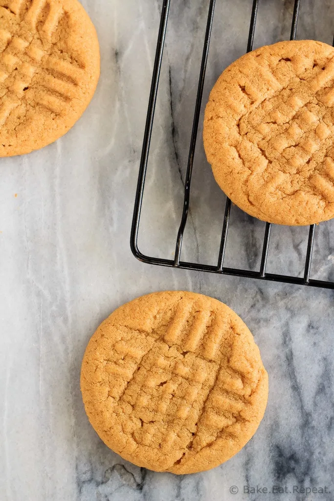 These soft and chewy, 3 ingredient peanut butter cookies are full of peanut butter flavour. Plus they're flourless, use just one bowl and minutes to make!