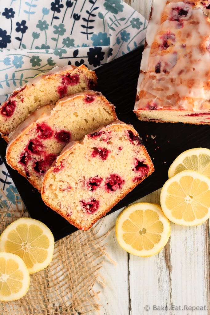 This glazed raspberry lemon bread is quick and easy to make and perfect to have with your morning coffee. The tangy lemon glaze just puts it over the top!