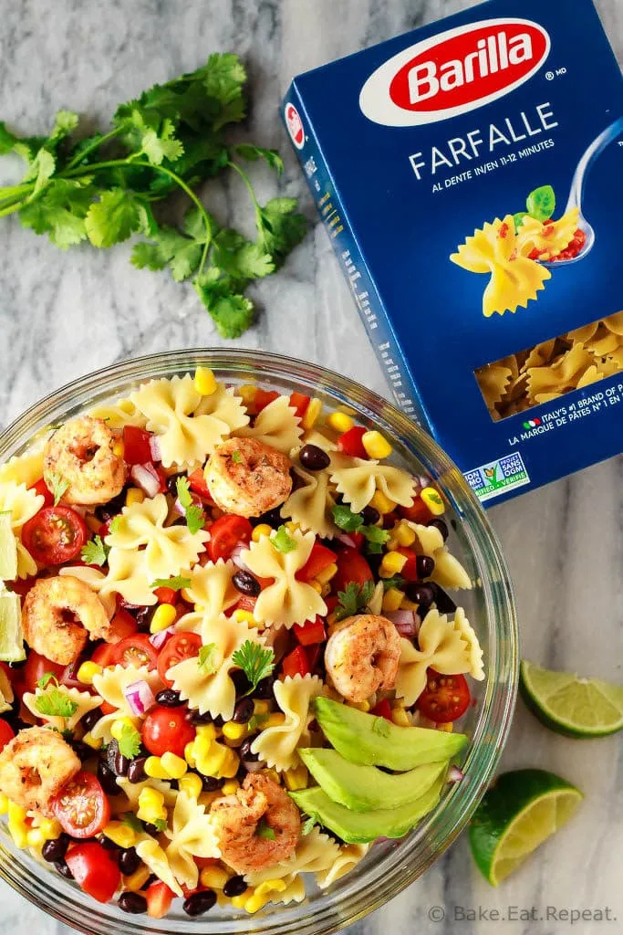 This Mexican pasta salad with cajun shrimp is perfect for summer - easy to make, the whole family will love it, and it can even be made ahead of time!