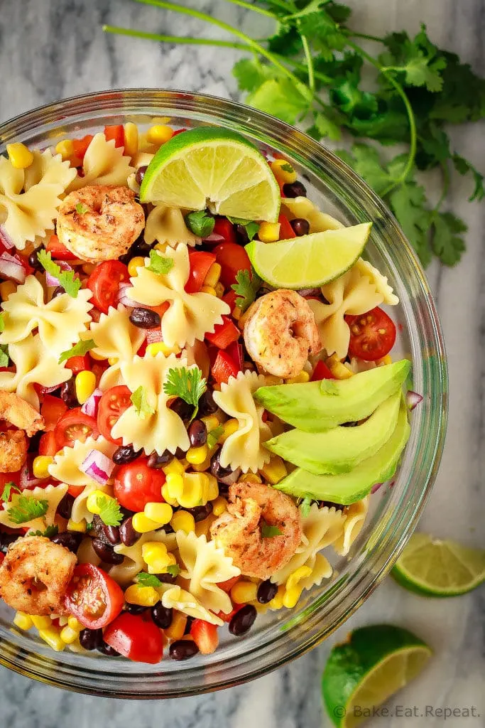 This Mexican pasta salad with cajun shrimp is perfect for summer - easy to make, the whole family will love it, and it can even be made ahead of time!