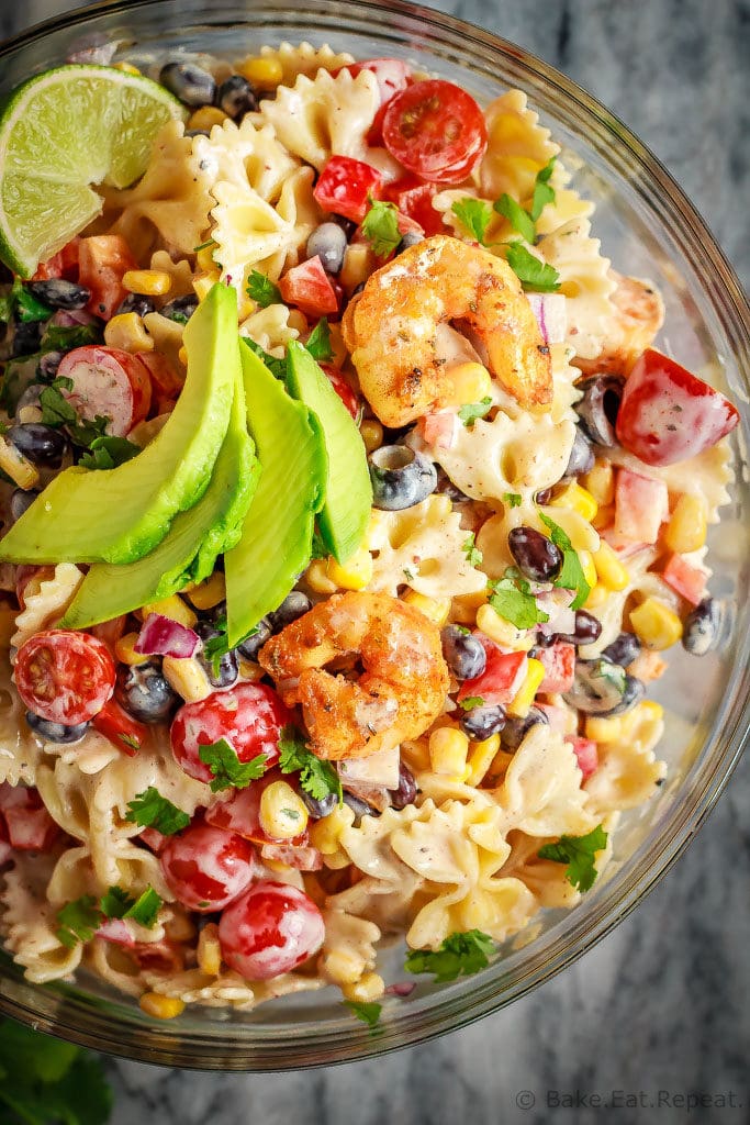 This Mexican pasta salad with cajun shrimp is perfect for summer - easy to make, the whole family will love it, and it can even be made ahead of time!