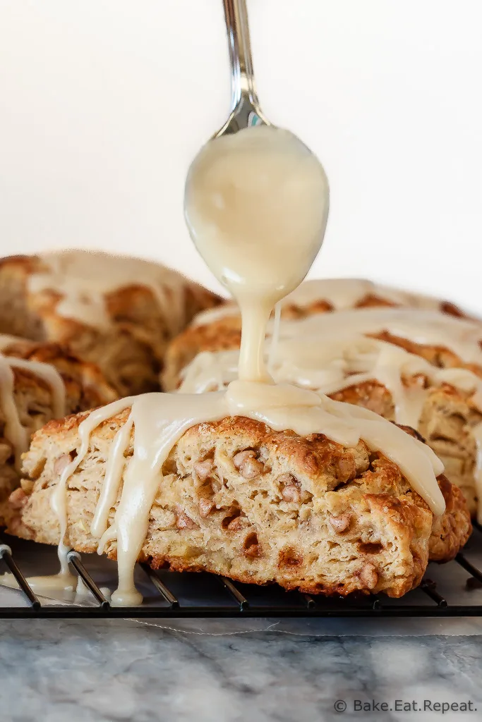 These fluffy apple cinnamon scones, filled with diced apple and mini cinnamon chips, are the perfect sweet treat for breakfast or a snack!