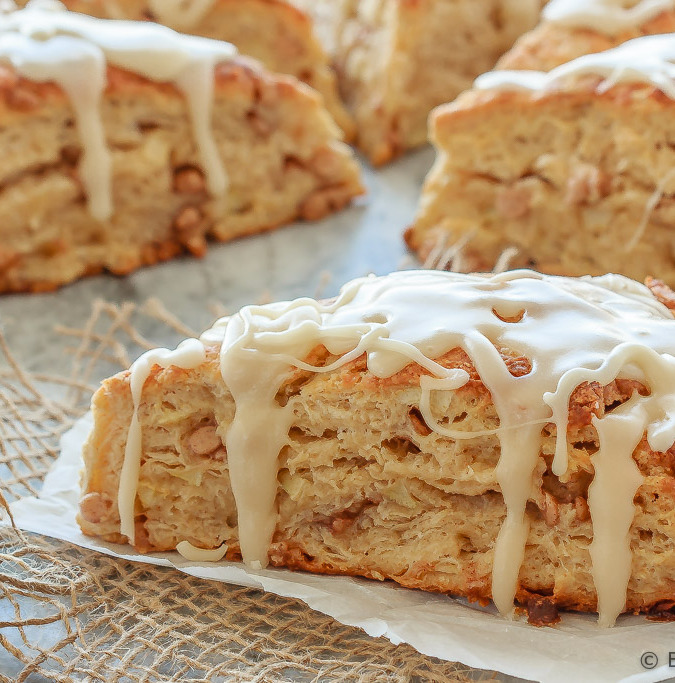 These fluffy apple cinnamon scones, filled with diced apple and mini cinnamon chips, are the perfect sweet treat for breakfast or a snack!