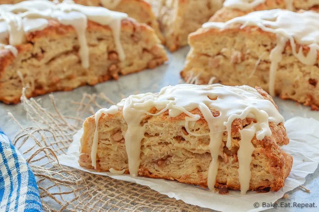 These fluffy apple cinnamon scones, filled with diced apple and mini cinnamon chips, are the perfect sweet treat for breakfast or a snack!