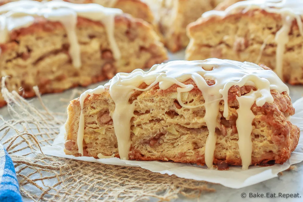 These fluffy apple cinnamon scones, filled with diced apple and mini cinnamon chips, are the perfect sweet treat for breakfast or a snack!