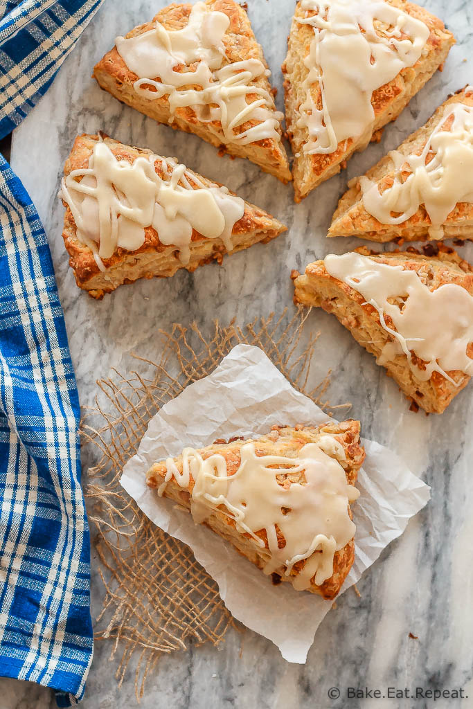These fluffy apple cinnamon scones, filled with diced apple and mini cinnamon chips, are the perfect sweet treat for breakfast or a snack!