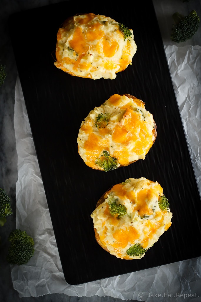 These twice baked potatoes filled with cheddar cheese and broccoli are the perfect side dish - they're easy to make and the whole family will love them!