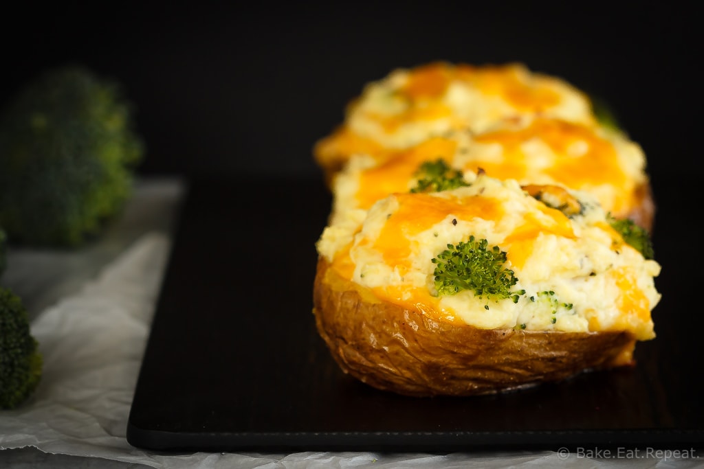 These twice baked potatoes filled with cheddar cheese and broccoli are the perfect side dish - they're easy to make and the whole family will love them!