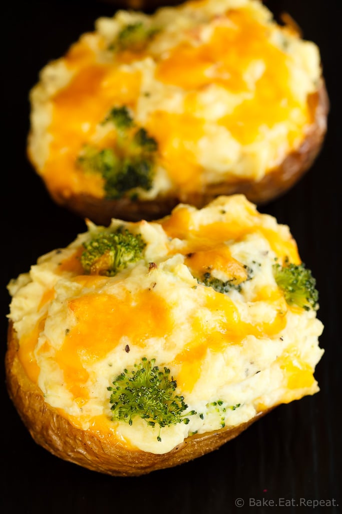 These twice baked potatoes filled with cheddar cheese and broccoli are the perfect side dish - they're easy to make and the whole family will love them!