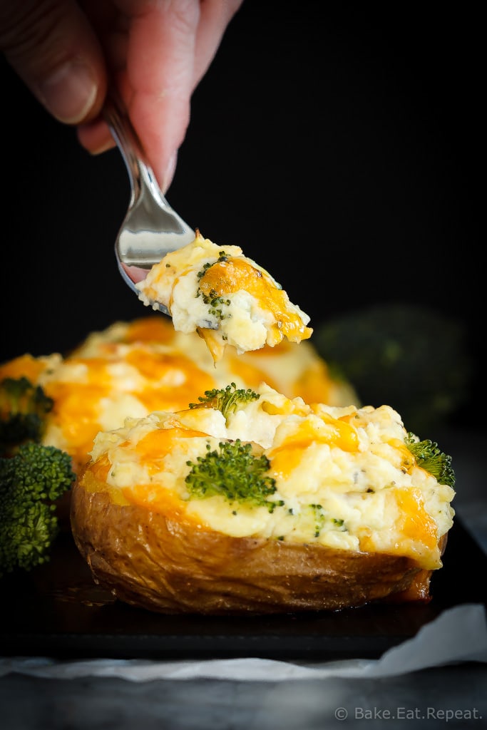 These twice baked potatoes filled with cheddar cheese and broccoli are the perfect side dish - they're easy to make and the whole family will love them!