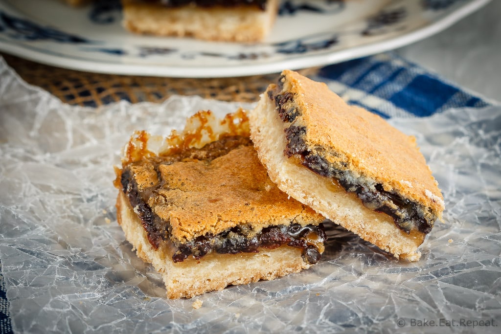 These butter tart squares are butter tarts in bar form - a shortbread base with a sweet topping made with butter, sugar and currants. Perfect for your holiday baking!