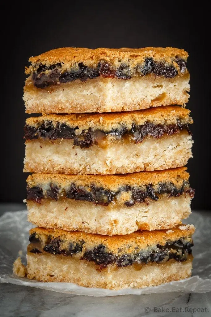 These butter tart squares are butter tarts in bar form - a shortbread base with a sweet topping made with butter, sugar and currants. Perfect for your holiday baking!