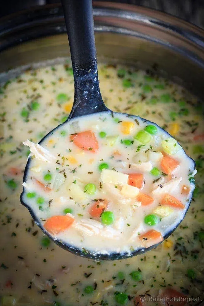 This chicken pot pie soup is thick and creamy (without any cream!) and ready to eat in 30 minutes - a great way to use up chicken (or turkey) leftovers!