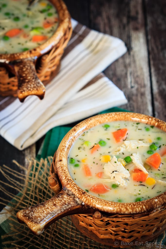 This chicken pot pie soup is thick and creamy (without any cream!) and ready to eat in 30 minutes - a great way to use up chicken (or turkey) leftovers!