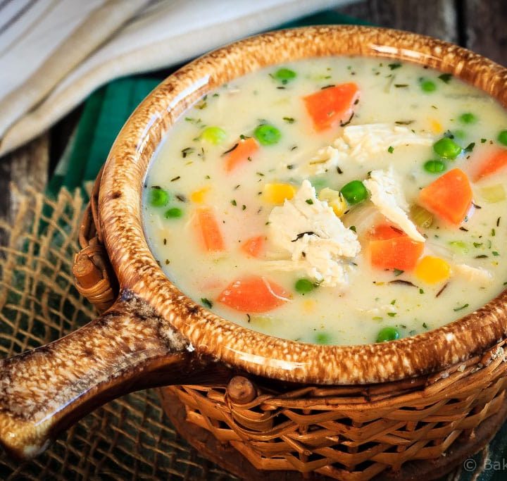 This chicken pot pie soup is thick and creamy (without any cream!) and ready to eat in 30 minutes - a great way to use up chicken (or turkey) leftovers!