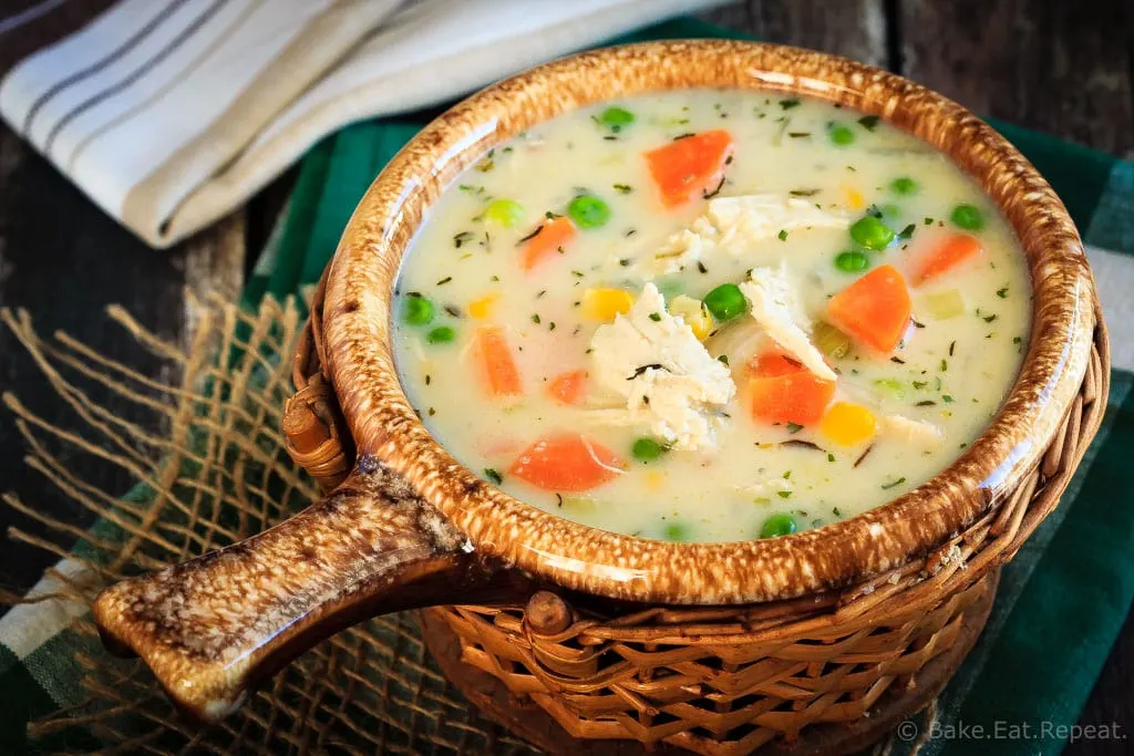 This chicken pot pie soup is thick and creamy (without any cream!) and ready to eat in 30 minutes - a great way to use up chicken (or turkey) leftovers!