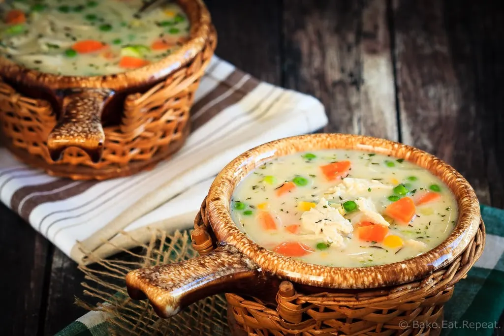 This chicken pot pie soup is thick and creamy (without any cream!) and ready to eat in 30 minutes - a great way to use up chicken (or turkey) leftovers!