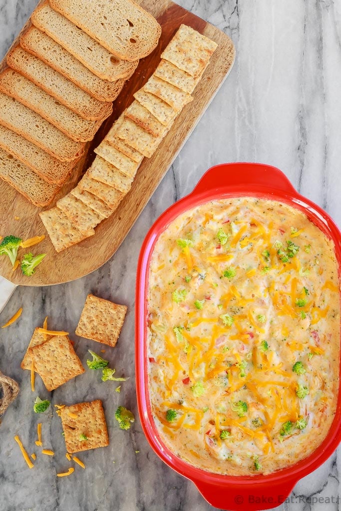 This hot, baked broccoli cheese dip is easy to mix up and can be made ahead of time. Everyone will love this appetizer served with crackers, chips or veggies!